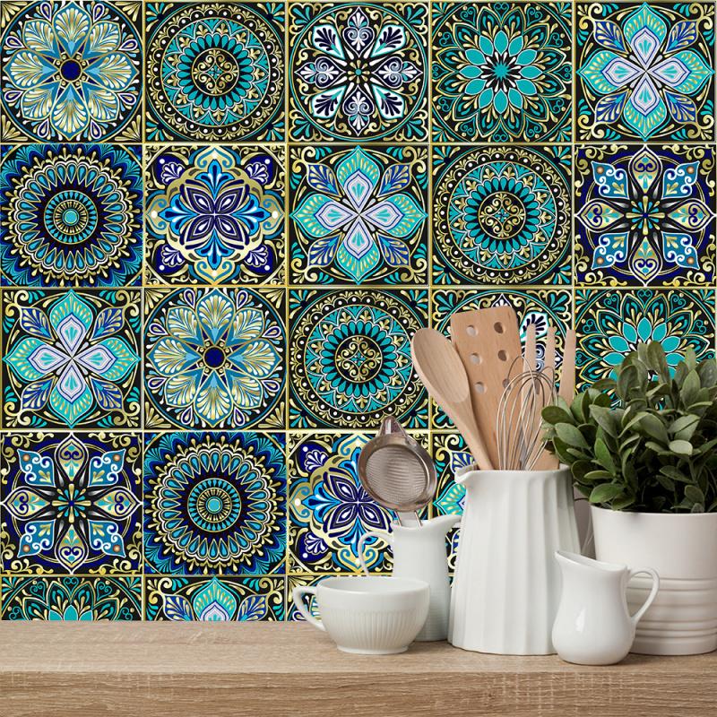 10pcs Mandala Pattern Tile Sticker,Colorful Matte Wall Sticker Home Decoration for Kitchen Living Room Bathroom Table Cabinet