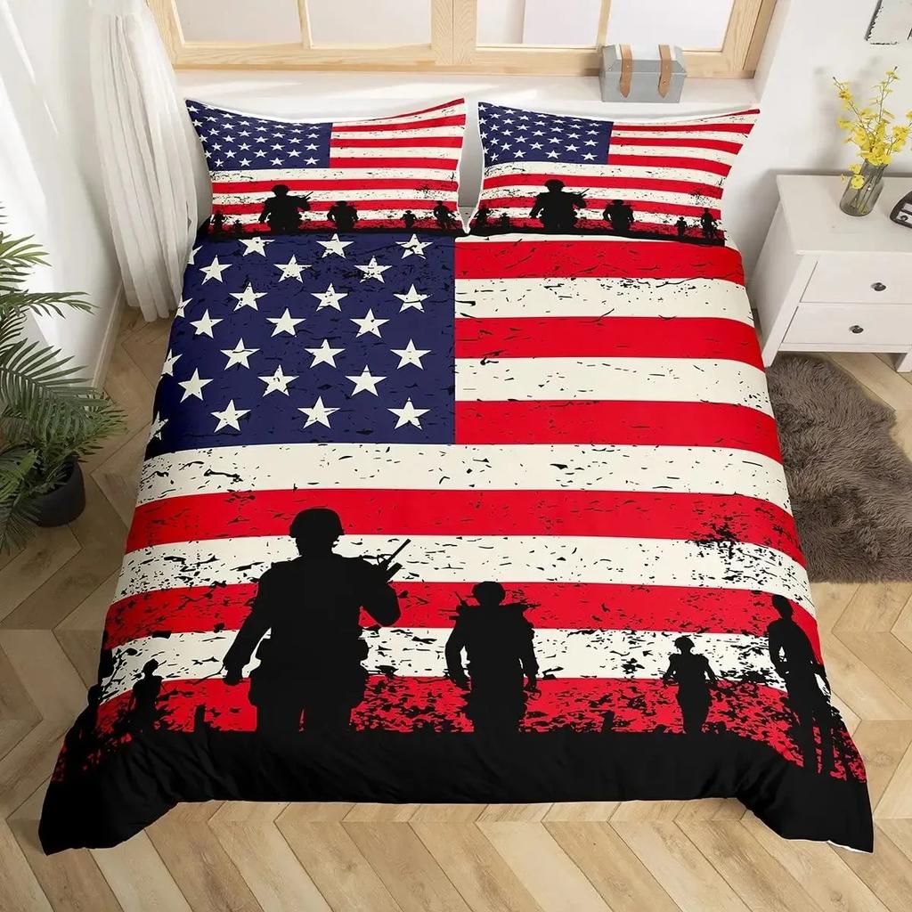 Jungen Armeegrün Bettbezug Set Doppel King Size, Klassisches Camouflage Bettwäscheset, USA Soldat Silhouette Bettdeckenbezug Steppdeckenbezug