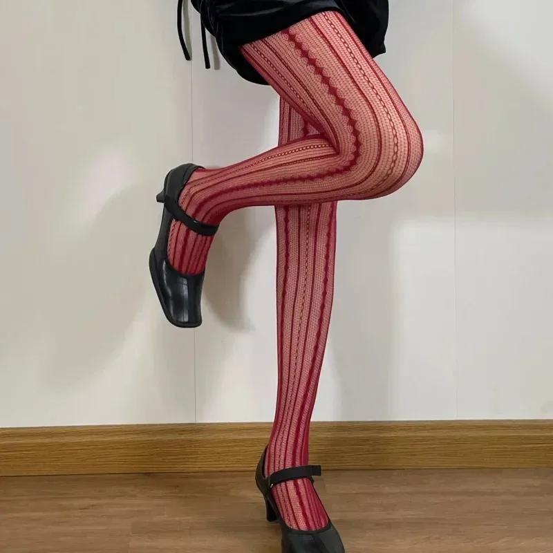 Women Sexy Lace Fishnet Pantyhose Lolita Style Hollow Out Design Red Silk Stockings JK High Waist Striped Tights Christmas Gifts