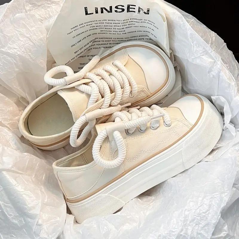 Fashion Cute High on Platform Women Footwear Canvas Lace Up Round Toe Ladies Shoes Kawaii Black New Arrival 2024 Shoe in Summer Quality