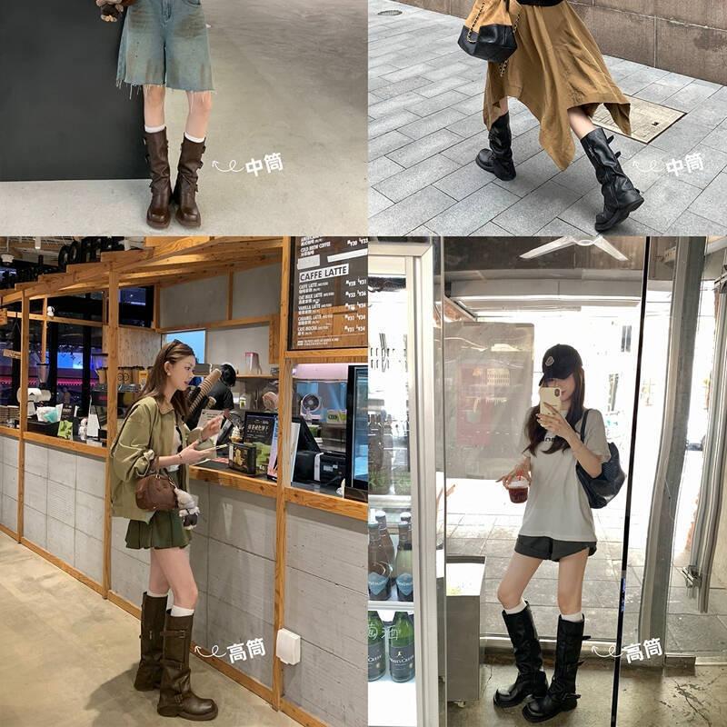 Two Versions Heightened Fashionable New Belt Buckle Square Round Head Pleated Medium Tube Knight Boots Boots Women's Autumn