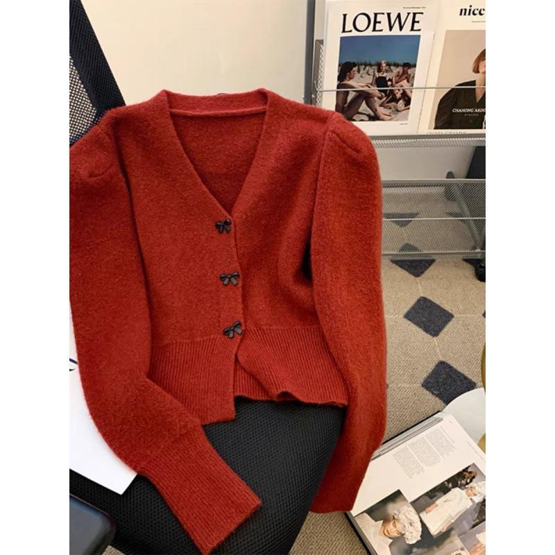Temperament Bow Button Knitted Cardigan Women's Versatile Skinny Sweater Jacket Women's Top