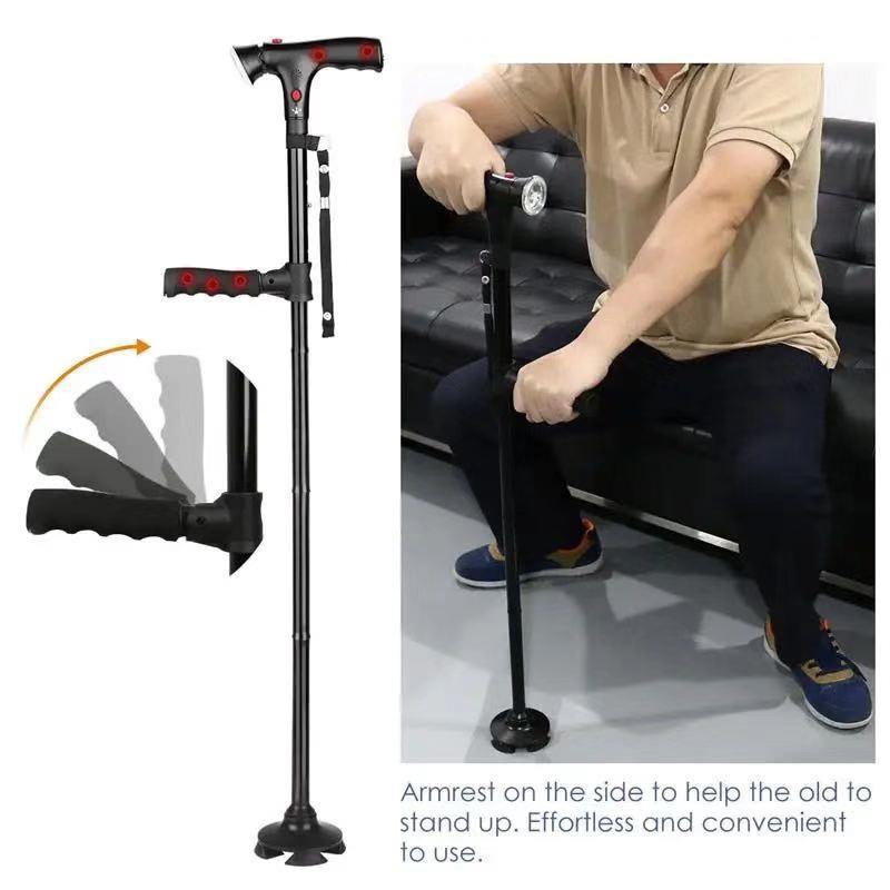 Folding Elderly Walking Stick With Buffered T Handle Pivoting Quad Base Anti-Slip Walking Stick Cane With Led Light And Alarm