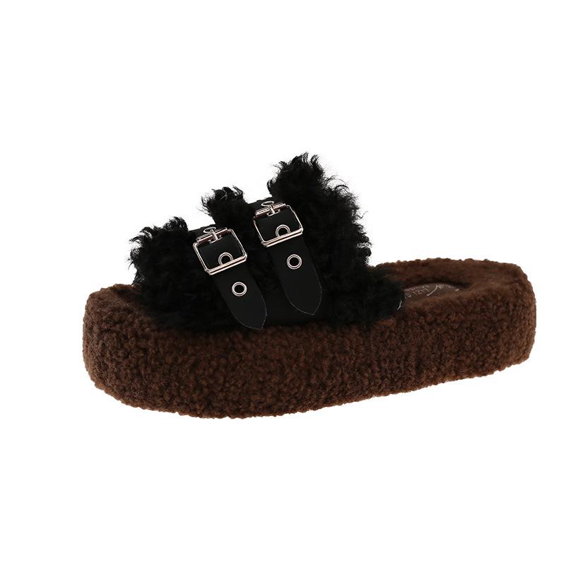 2025 Autumn/Winter Women's Furry Thick Sole Warm Slippers with One Strap and Belt Buckle