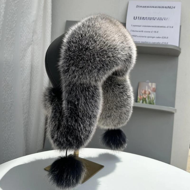 Women's ear-protecting fox fur hat fashion Luxurious real fox fur bomber hat Girls winter outdoor soft sheepskin leather hat