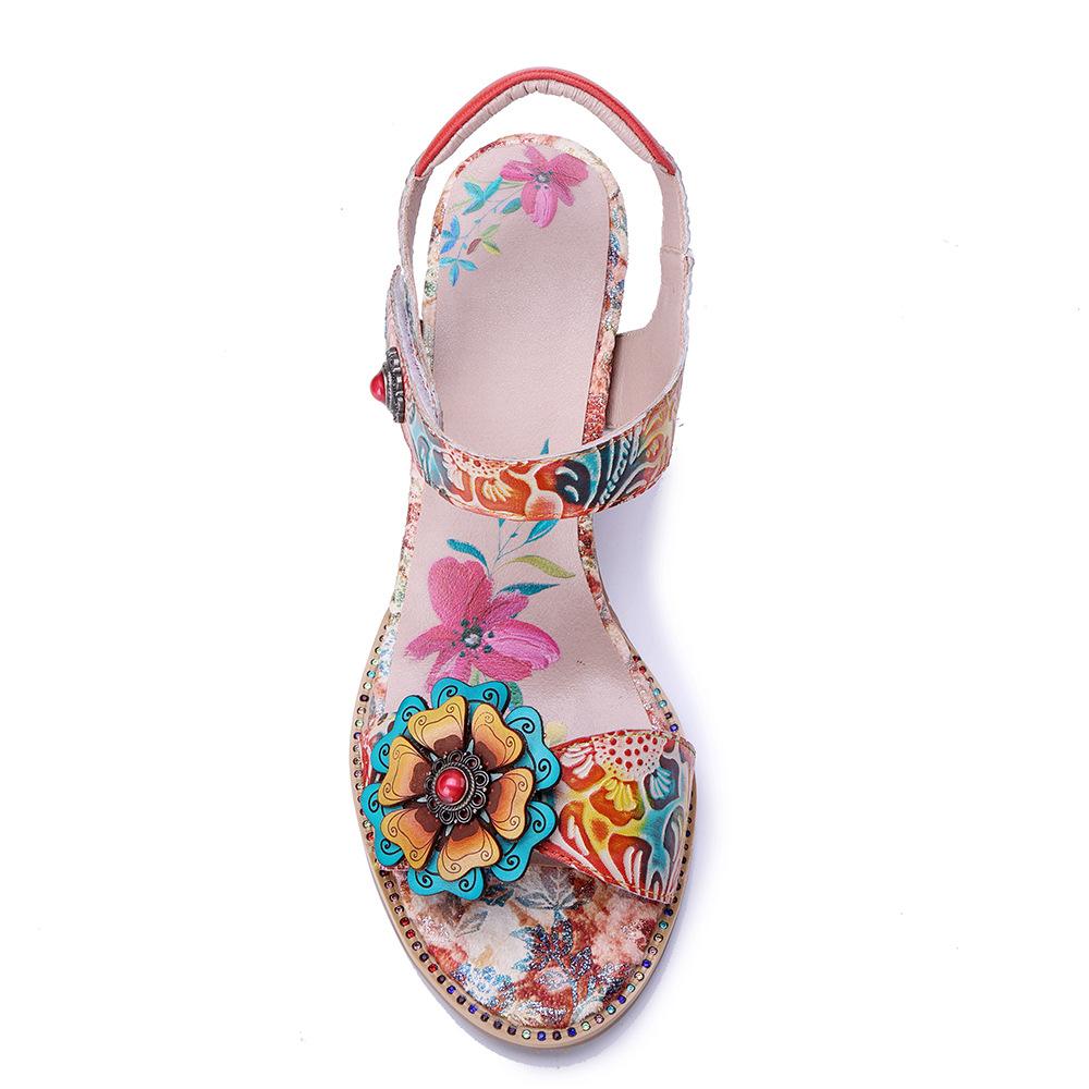 Johnature Echtes Leder Handgefertigt Barockstil Retro Blume Bequem Quadratischer Absatz High Heels Sandalen