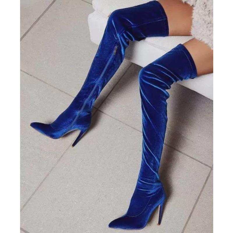 

Бархатные длинные сапоги для женщин Новые весенне-осенние ботфорты выше колена Женские туфли с острым носком на шпильке Большие размеры 34-43 Эластичные ботфорты до бедра 39 синий