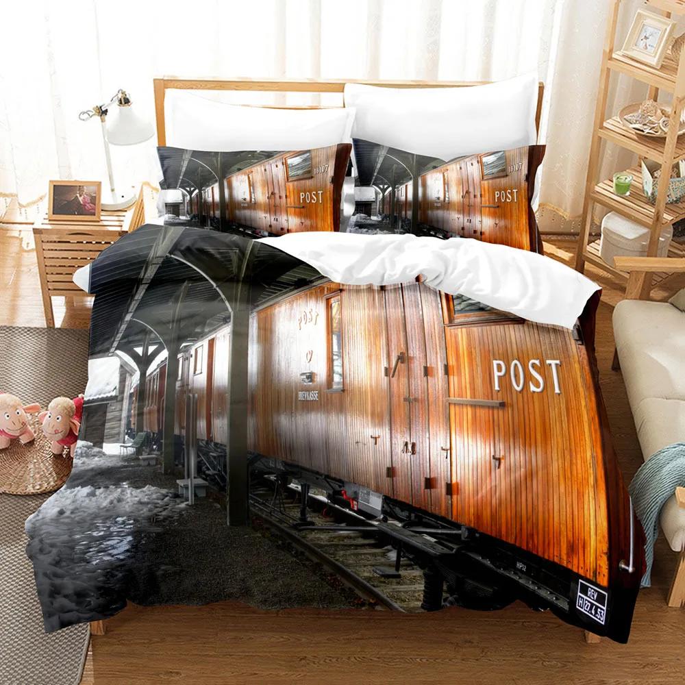 Steam Engine Duvet Cover Transportation Old Train for Children Teen Boys Adult Gift for Bedroom Decoration Nostalgia Theme Queen