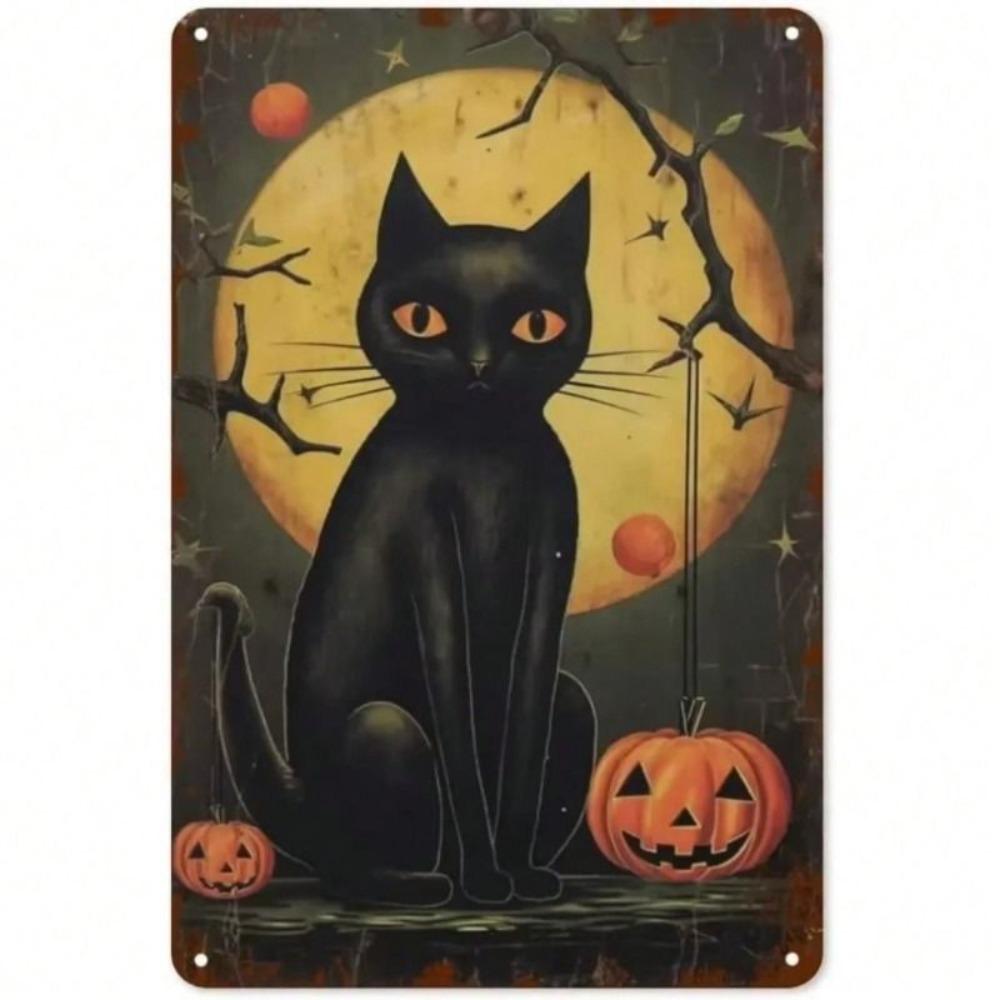 Vintage Black Cat Tin Sign Halloween Retro Wall Decor 8x12 Inch