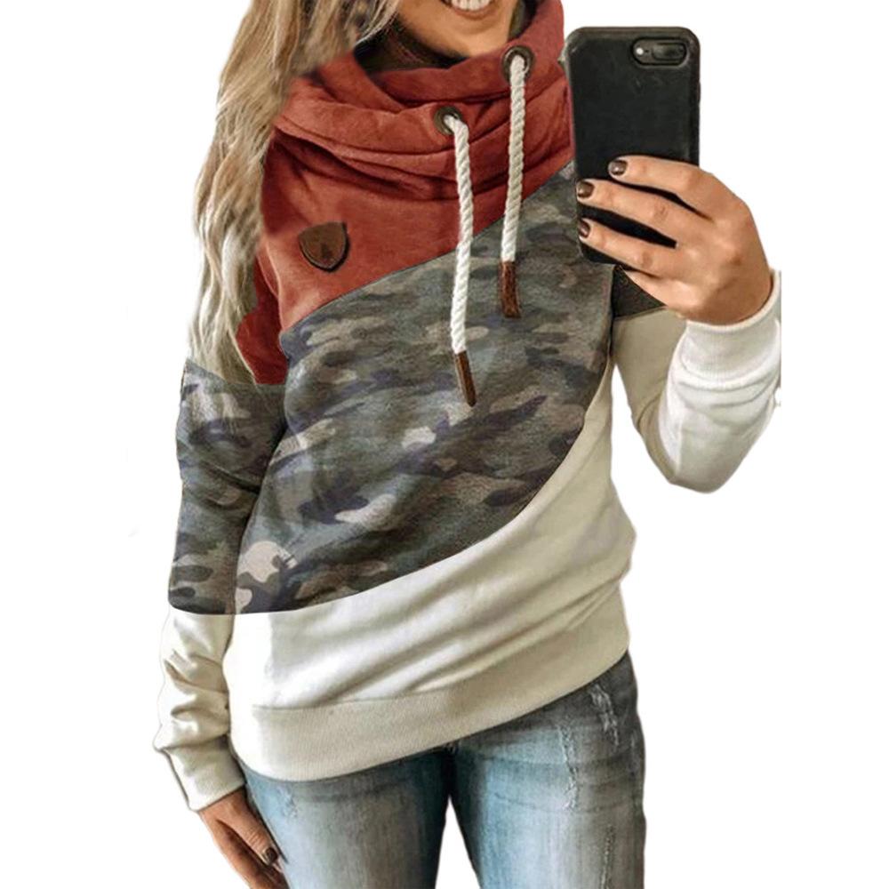 Frauen Leopardenmuster Patchwork Hoodie Kordelzug Rollkragen Kapuzenpullover Sweatshirt