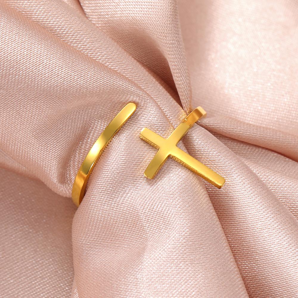 Cazador Christian Cross Open Rings for Women Stainless Steel Christian Jewelry Adjustable Finger Rings Birthday Valentine Gift