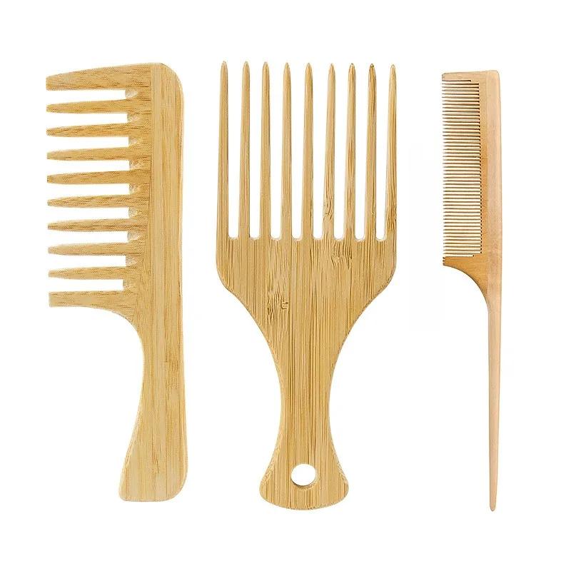 Natural Bamboo Wooden Hair Combs Anti-Static Afro Fork Comb Wide Tooth Combs Rat Tail Hair Brush Women Barber Styling Tools