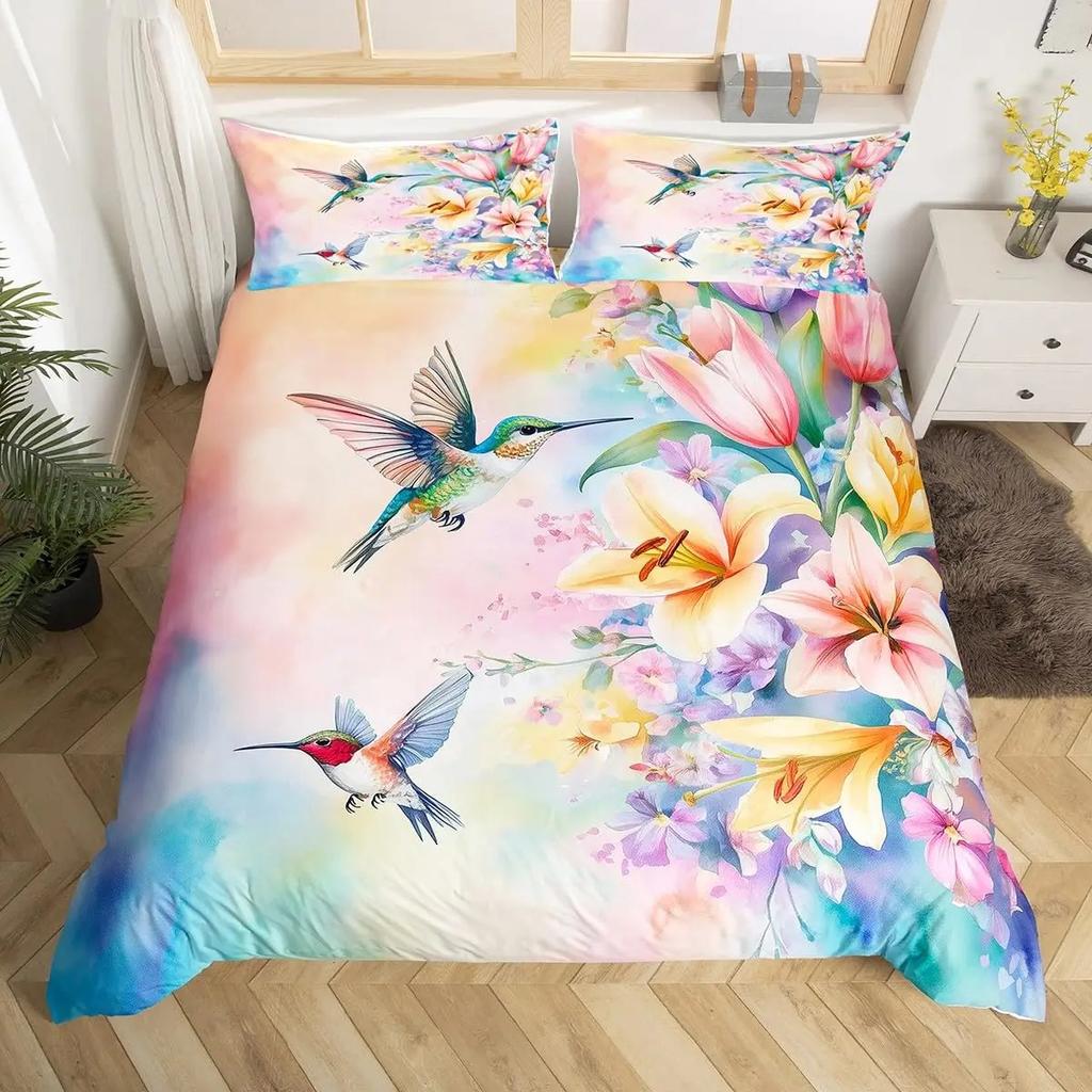 Kolibri Blumen Bettbezug Vögel Bettwäsche Set Blau Grün Frühling Wildtiere Botanisch Bettdeckenbezug Polyester Steppdeckenbezug