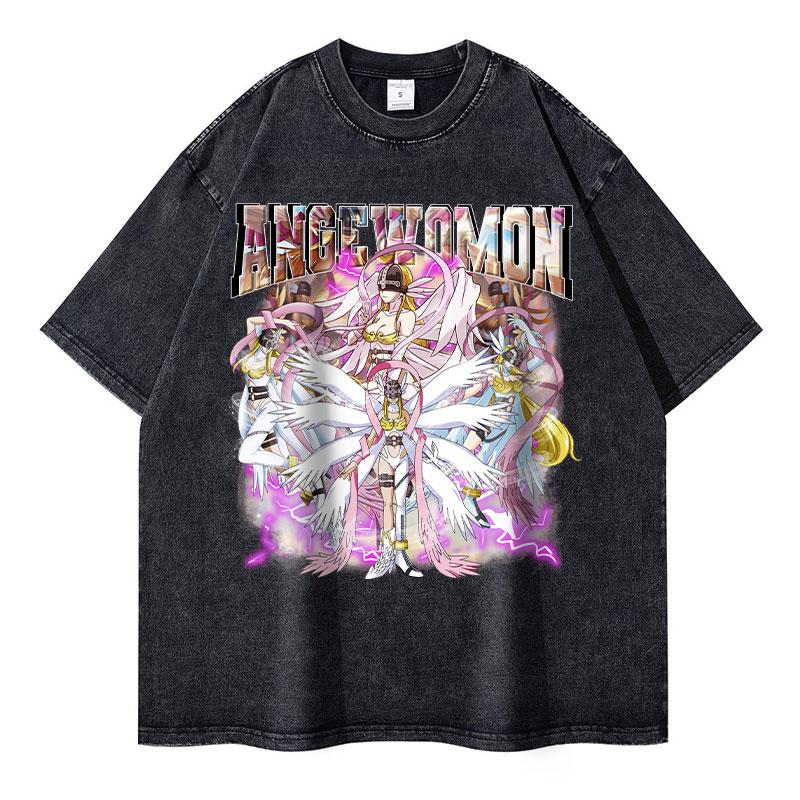 Angemon T Shirts Vintage Washed Anime Digimon Adventure Tshirt Oversized Streetwear Retro Short Sleeve Angewomon Tops Tees Men S