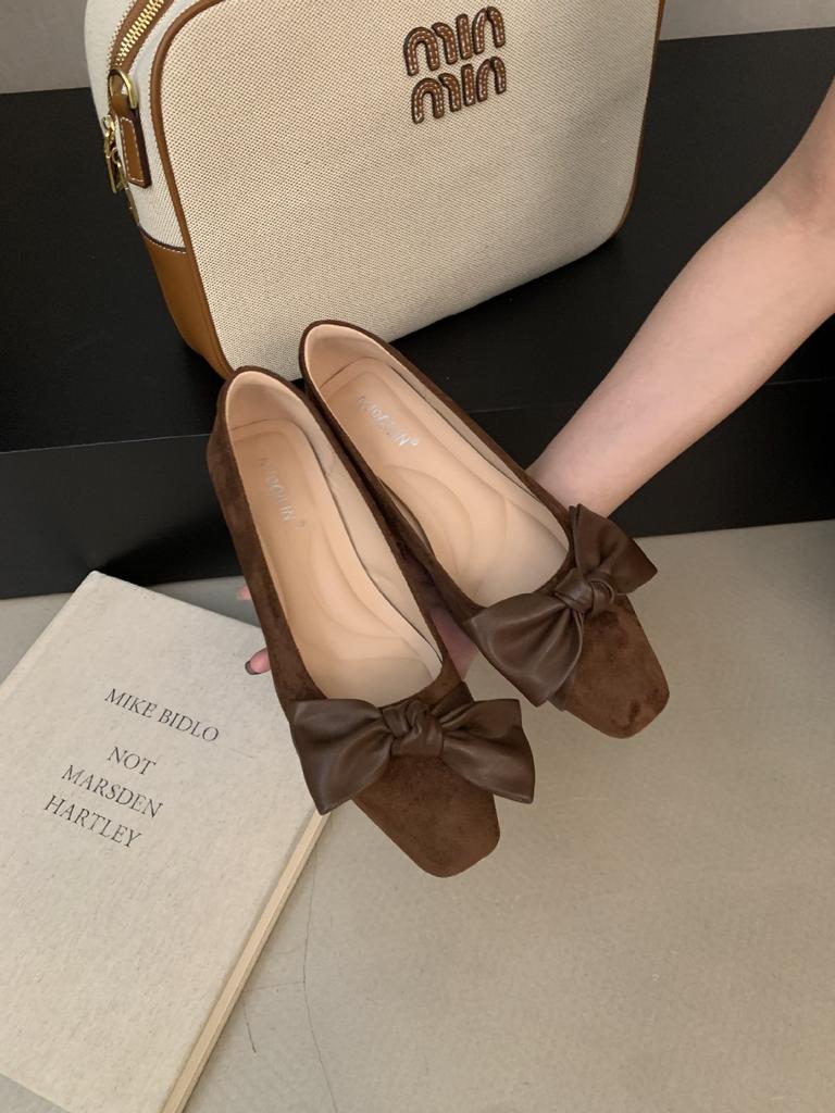 French evening wind bow suede square head light mouth laden shoes one pedal commuting not tired feet small single shoes women