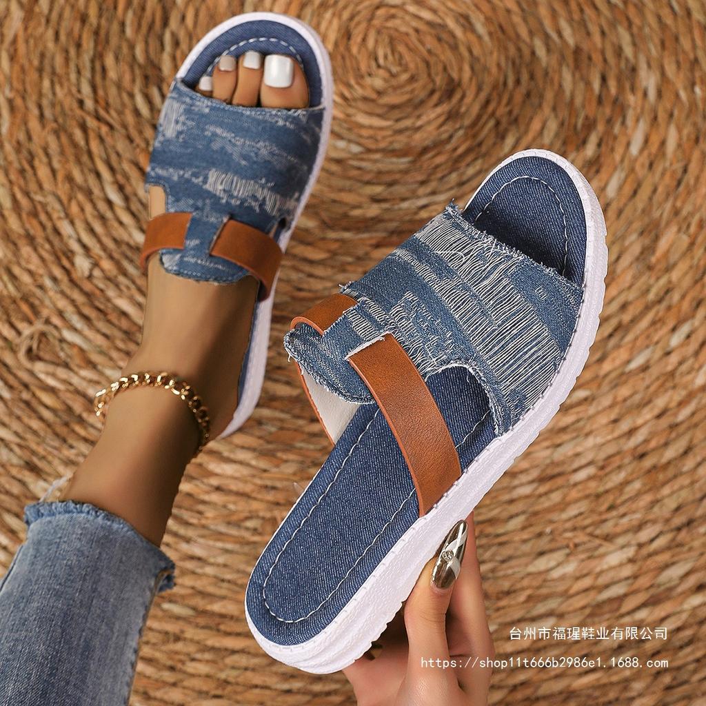 2025 summer new casual denim beach slippers large size soft bottom flat bottom cool slippers