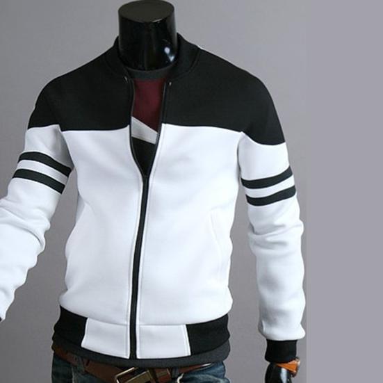 Men Autumn Coat Colors Matching Color Block Long Sleeves Elastic Cuff Anti-pilling Stand Collar Zipper Cardigan Striped Fall Jacket for Home