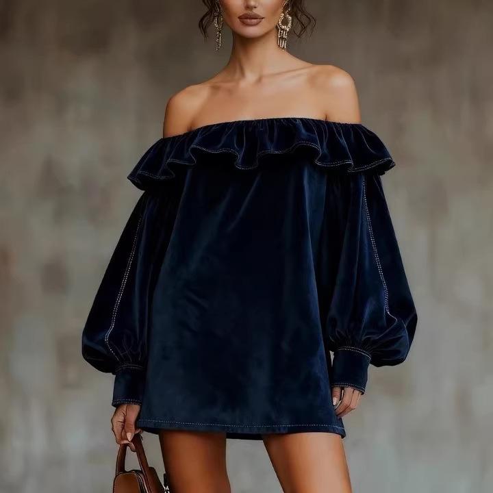 2026 winter new European and American independent station new road shoulder velvet bud sleeve mini dress one-word shoulder skirt S