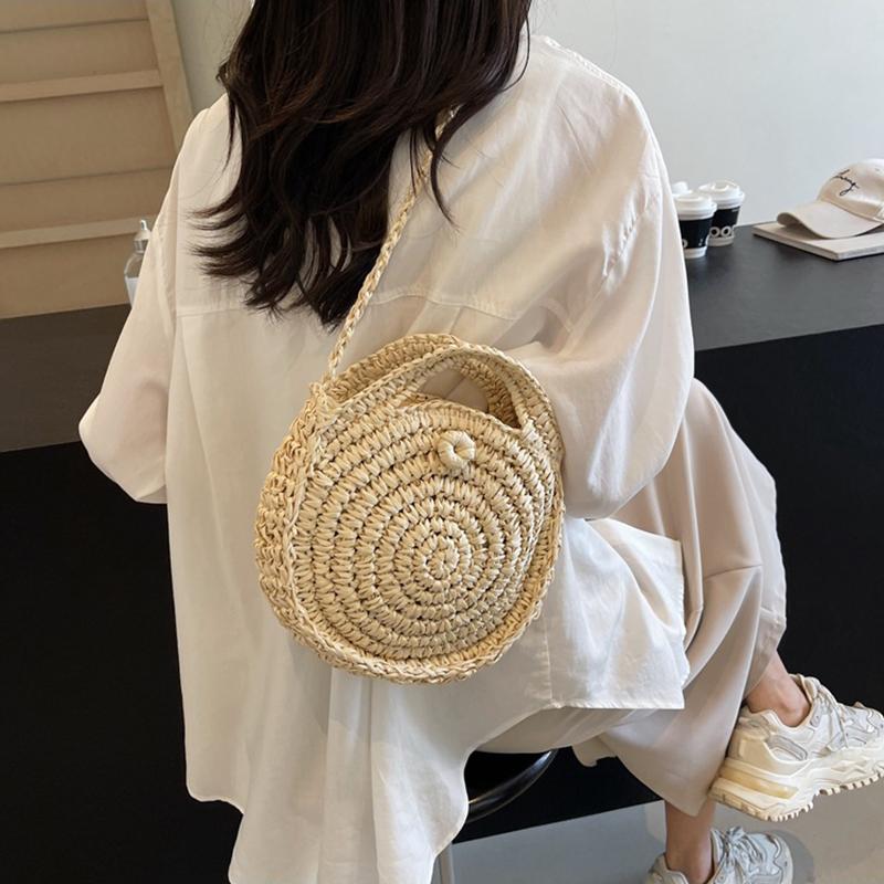Runde Umhängetasche aus Stroh, handgefertigt, gewebte Schultertasche für Damen, Sommer-Strandtasche, Bohemia-Reisetasche, kleine Handtasche und Geldbörse
