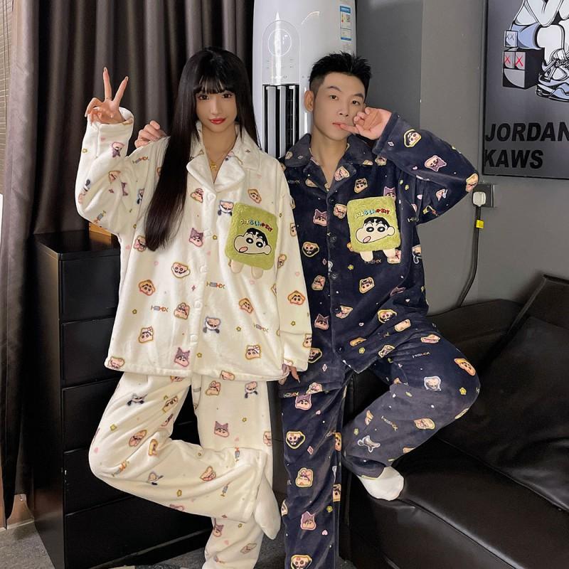 Thick Flannel Pajama Set Couples Cartoon Design Warm Sleepwear Long Sleeve Home Loungewear