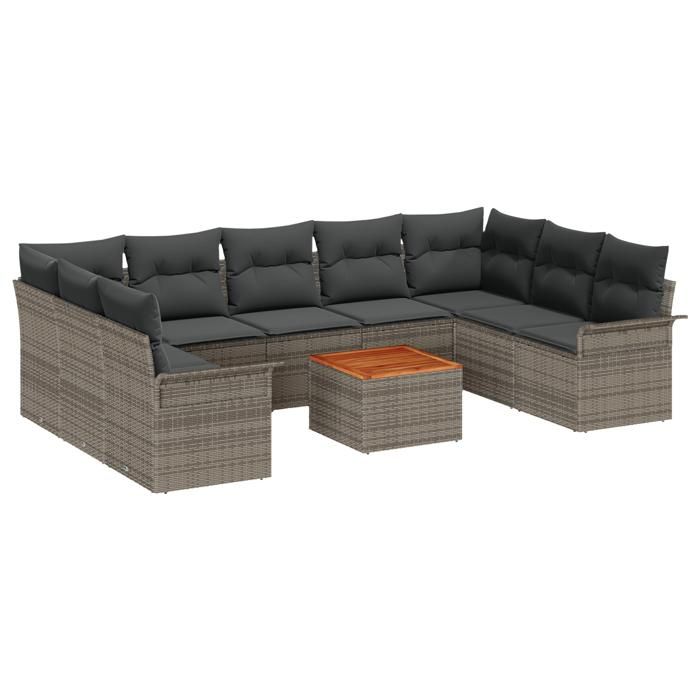 Ensemble de Canapés de Jardin 10 Pièces avec Coussins Gris Poly Rattan Acacia, Canapé de Jardin 2 Places avec Rangement 3356039