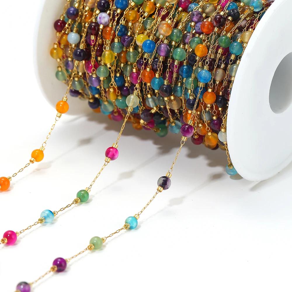 1meter Natural Stone Turquoise Amethyst Quartz Gemstone Beads Stainless Steel Wire Chains DIY Necklace Making Bracelet Findings