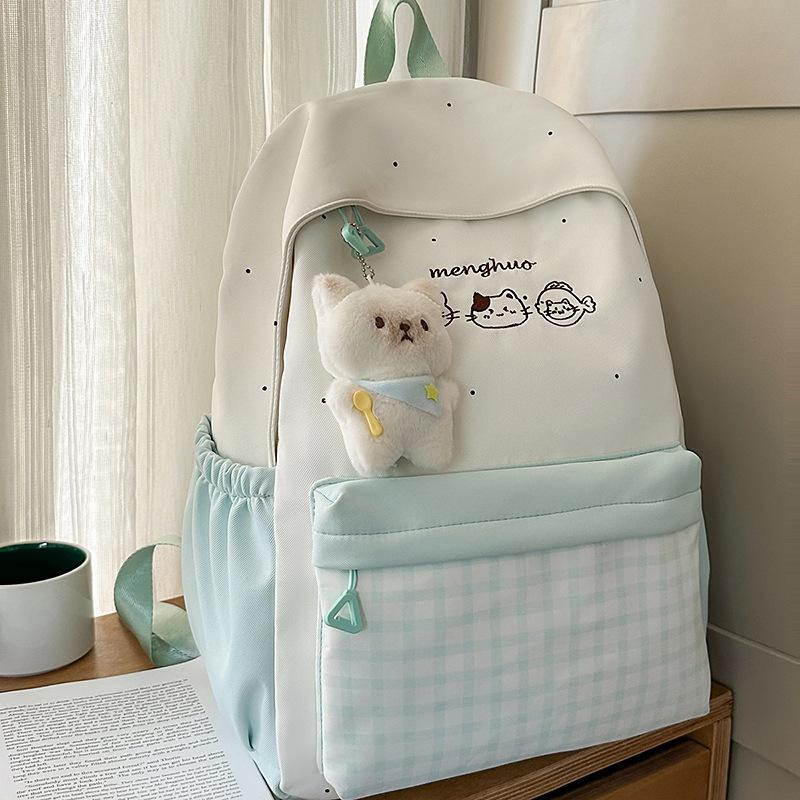 Schoolbag New Cute Cat Embroidered Backpack Female Middle and High School Students Large Capacity School Bag Campus Plaid Versatile Backpack