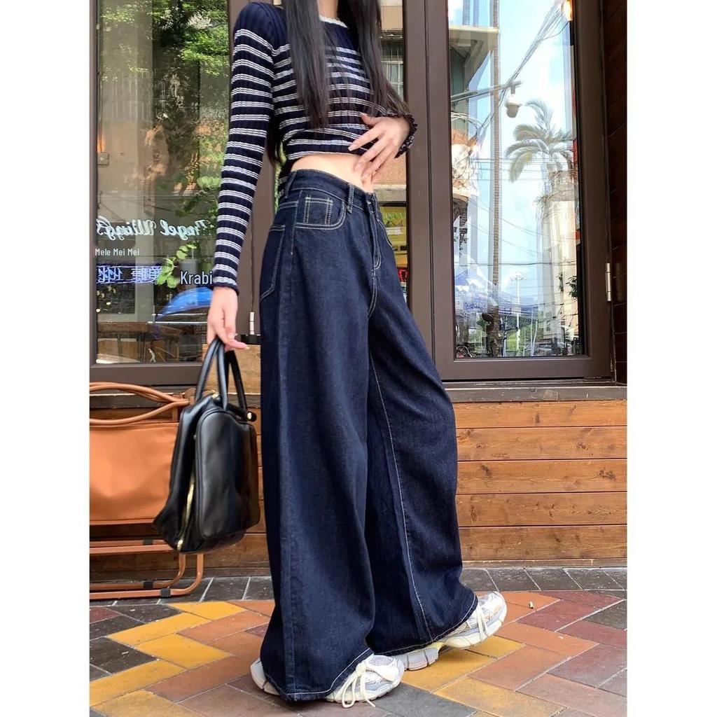Petite High-Waisted Dark Blue Wide-Leg Jeans - Women's Autumn/Winter Straight Loose Casual Pants