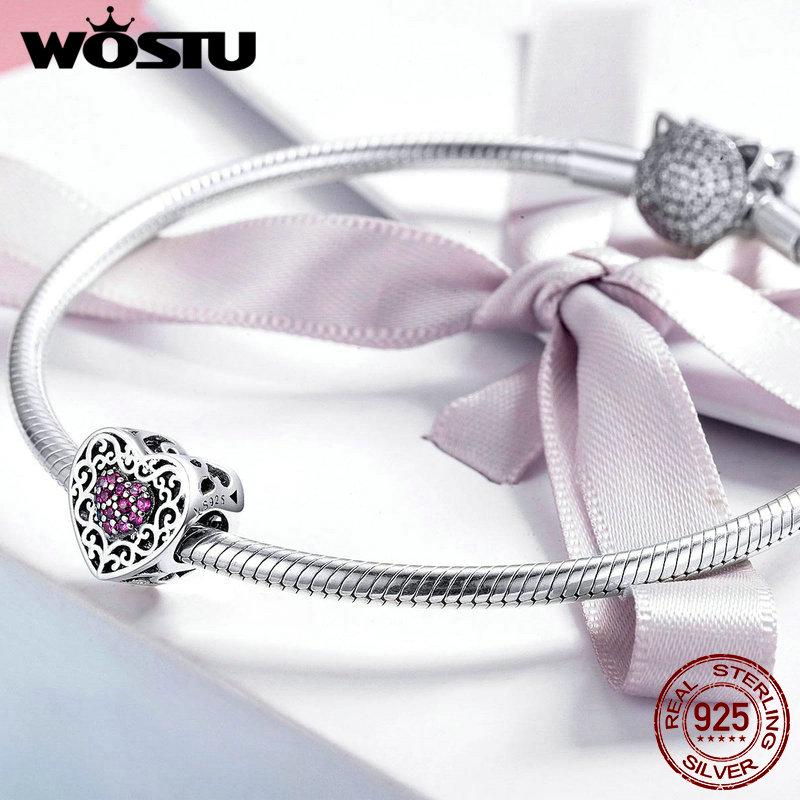 WOSTU European Love 925 Sterling Silver Heart Charms CZ Bead Fit Original Bracelet Pendant Charm Silver 925 Jewelry Gift CQC1109