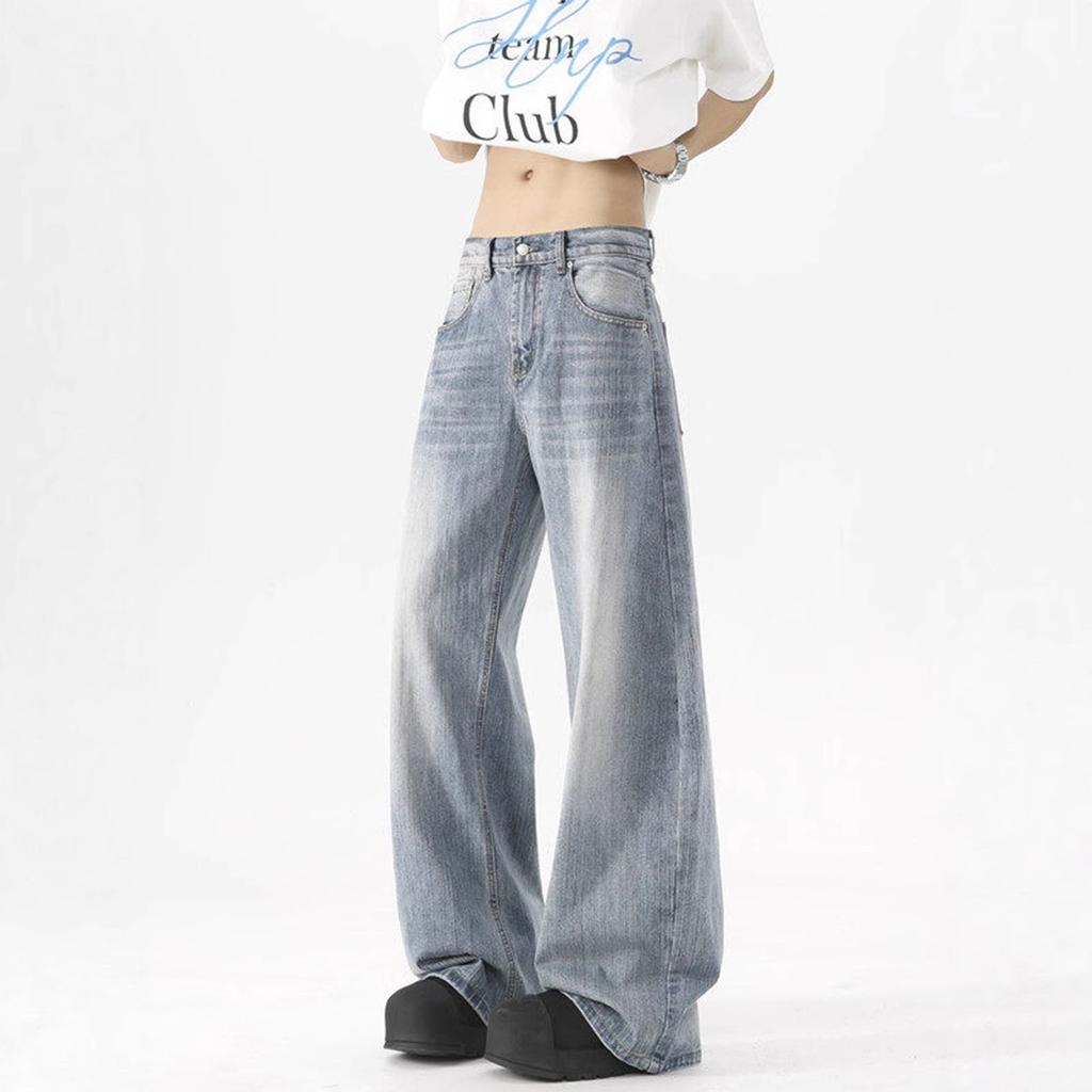 Trendy brand washed blue jeans men's summer vibe high street versatile casual wide-leg trousers American loose wide-leg trousers