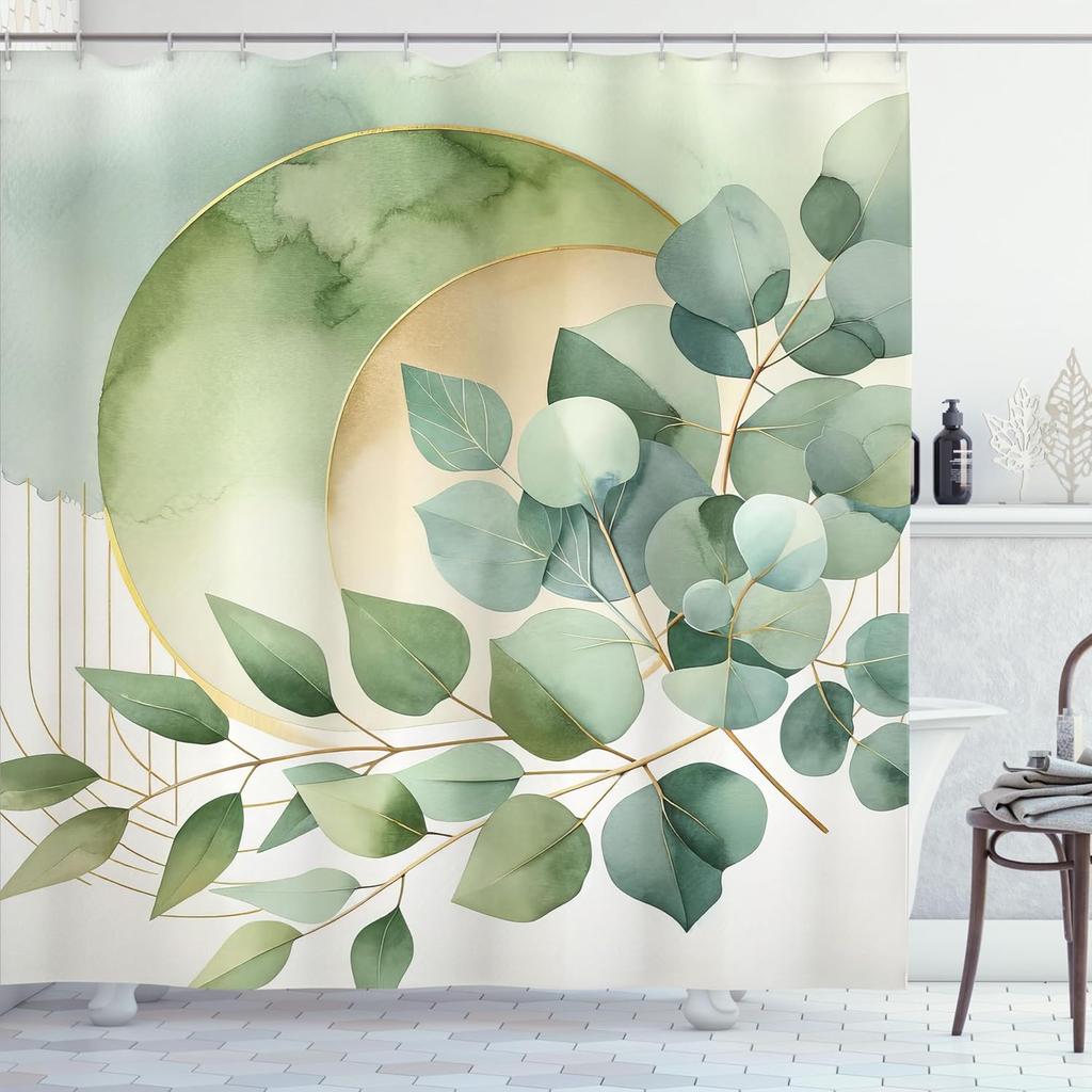 Eucalyptus Leaf Shower Curtain Gold Moon Design Watercolor Green Nature Art Minimalist Bathroom Decor Boho Chic Style Fabric