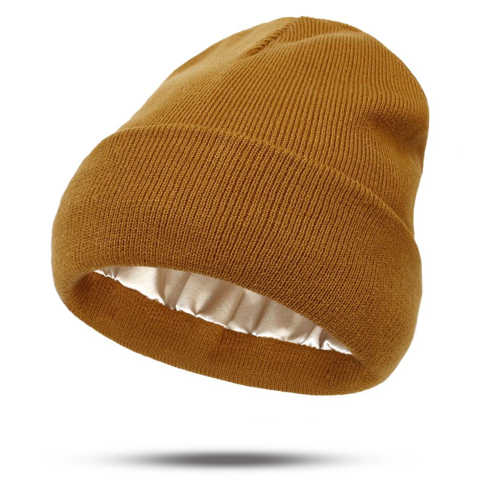 European & American Satin Brocade Winter Hat: Women's Warm Knitted Hair Protection, Acrylic Wool Blend.