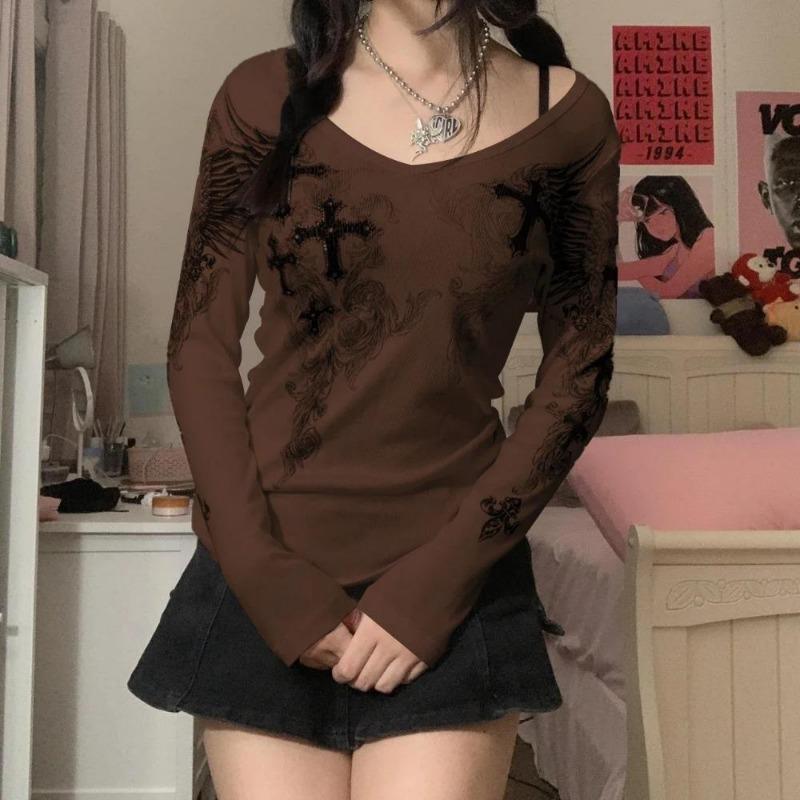 2KWEIRD Y2k Graphic Cross Wings Print Long Sleeve Women Grunge Fairy T-shirt Harajuku Tee 2000s Aesthetic Punk Style Clothes Streetwear