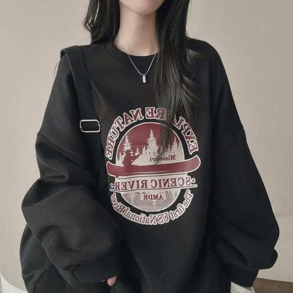 Women's Crew Neck Long Sleeve Sweatshirt Loose Fit Casual Vintage Graphic Print Pullover Daily Fashion Top