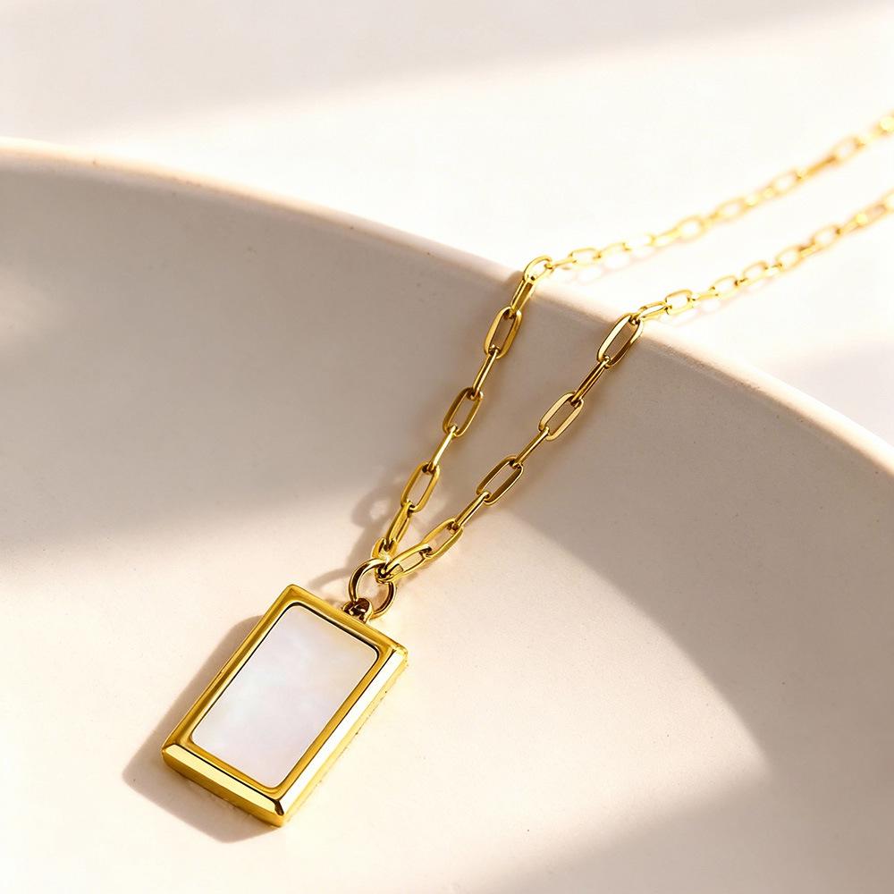 18K Gold-Plated Stainless Steel Necklace with White Mother-of-Pearl Square Pendant | French INS Style Fashion Jewelry