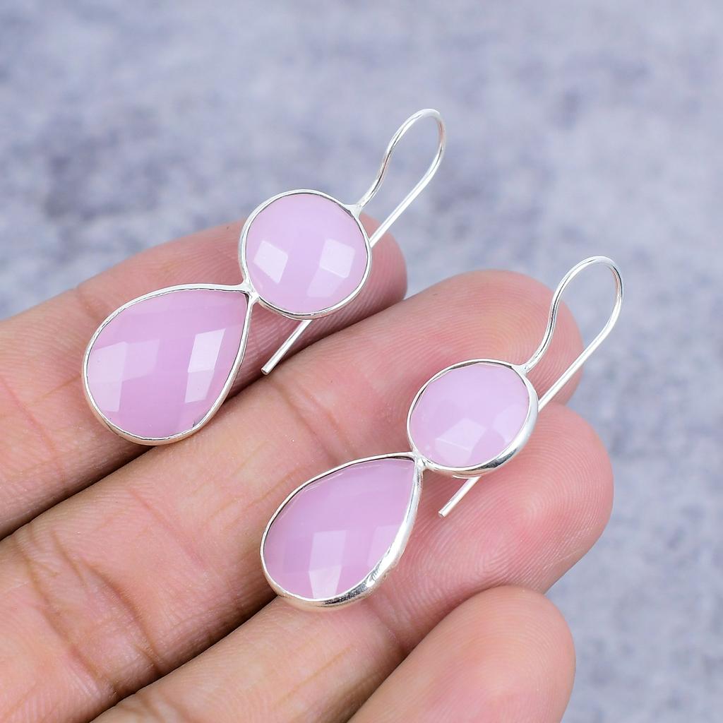 Pink Chalcedony Gemstone Handmade 925 Sterling Silver Jewelry Earring 1.77" M-2628