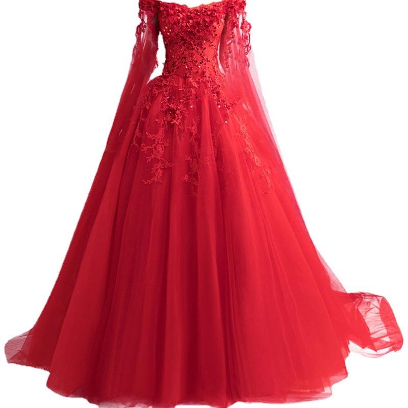 Rose Red Evening Dress with Yarn Long Sleeves 1011 New Bridal Wedding Toast Fairy Evening Dress