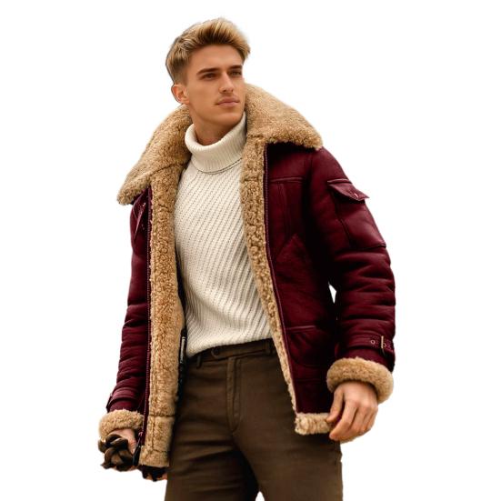 

Men Coat Lapel Long Sleeve Solid Color Velvet Lining Jacket with Multi Pockets Design Zipper Closure Casual Outerwear S червоний