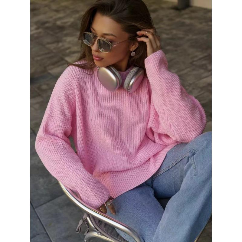 Women's Autumn and Winter Solid Colour Round Neck Loose Knitted Pullover Sweater