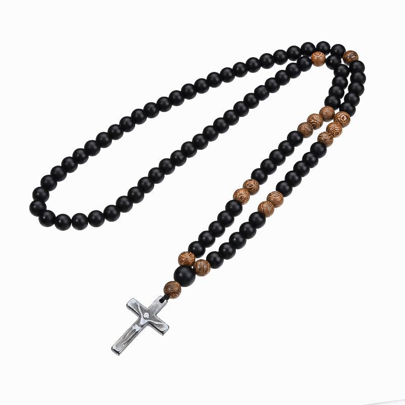 Mens Black Agate Cross Pendant Necklace With Round Bead Chain For Casual Wear