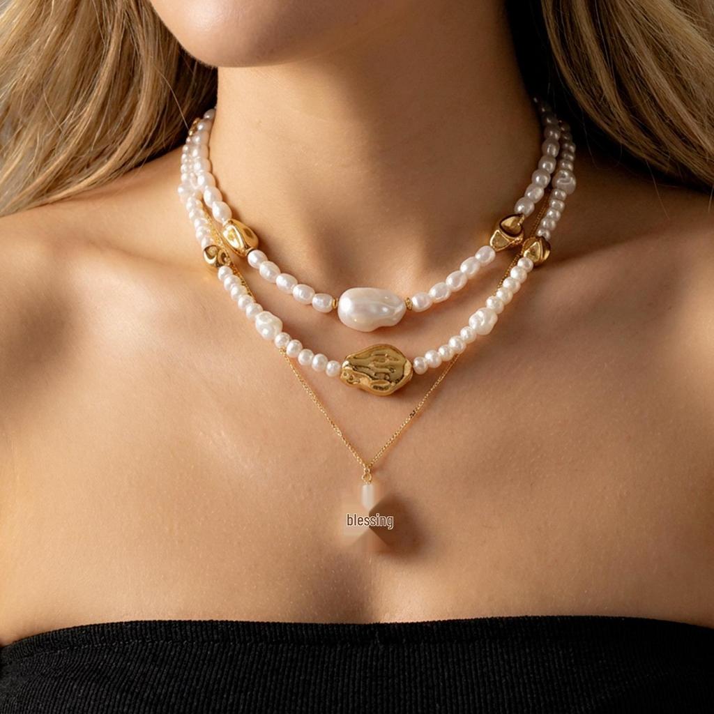 European & American Multi-layer Irregular Pearl Choker Necklace Set