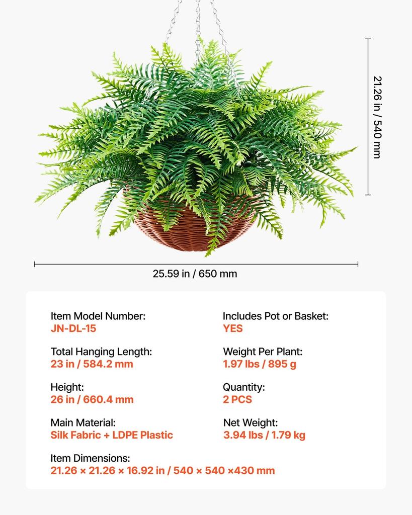 Artificial Ferns, 2 Pcs Fake Hanging Boston Fern Bush Plant with 584 Mm Hanging Length, Plastic Faux Greenery for Indoor and Outdoor Decor, For Wall,