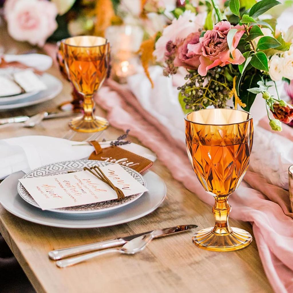 Vintage Wine Glasses Set of 4, Plastic Reusable 12 Ounce Colored Water Goblets, Unique Embossed Pattern Unbreakable Stemmed Wine Glasses, High Clear