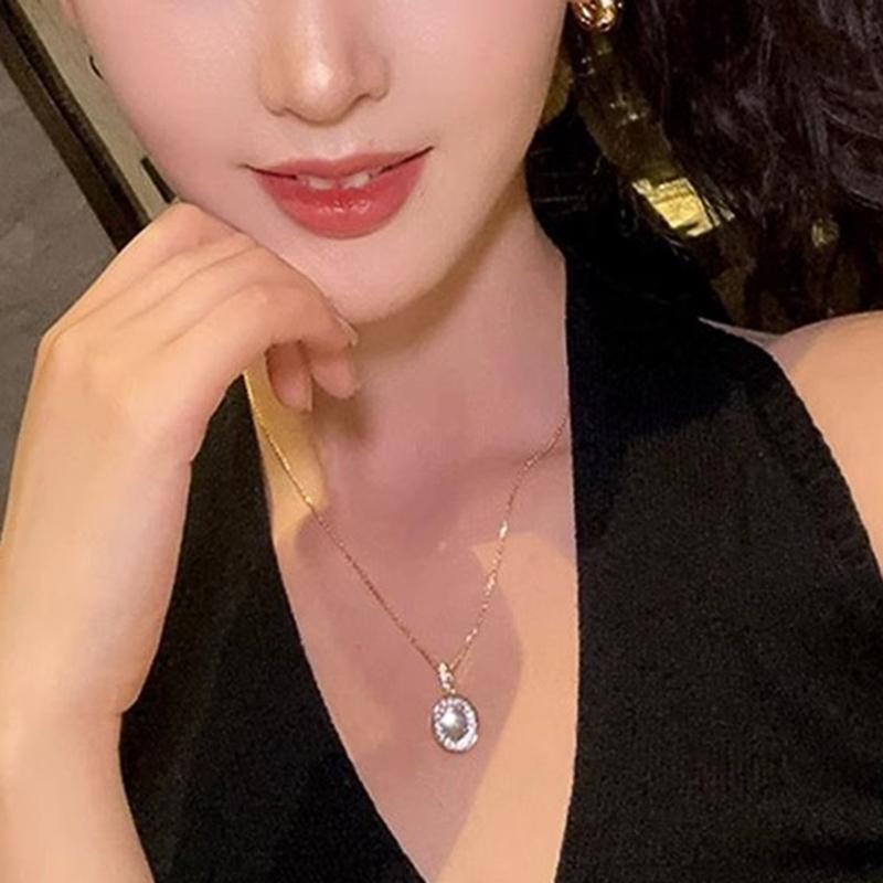 Huitan Luxury Two Tone CZ Pendant Necklace with Oval Imitation Opal Stone Exquisite Daily Neck Accessories Gift Fashion Jewelry