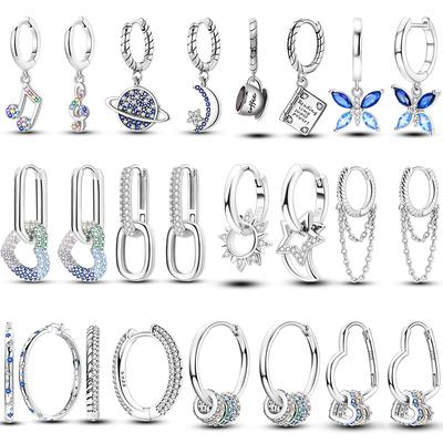 Sparkling Women Hoop Earrings 925 Copper Heart Shape Star Moon Round Blue Zircon Fit Origina Drop Earrings Zircon Holiday Gifts