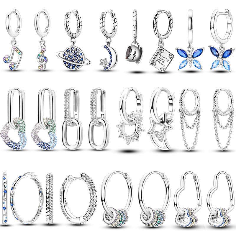 Sparkling Women Hoop Earrings 925 copper Heart Shape Star Moon Round Blue Zircon Fit Origina Drop Earrings Zircon Holiday gifts
