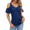 Women's Fashion Casual V-Neck Off-Shoulder T-Shirt Cropped Ruffle Sleeves Hollow Waist Shirt