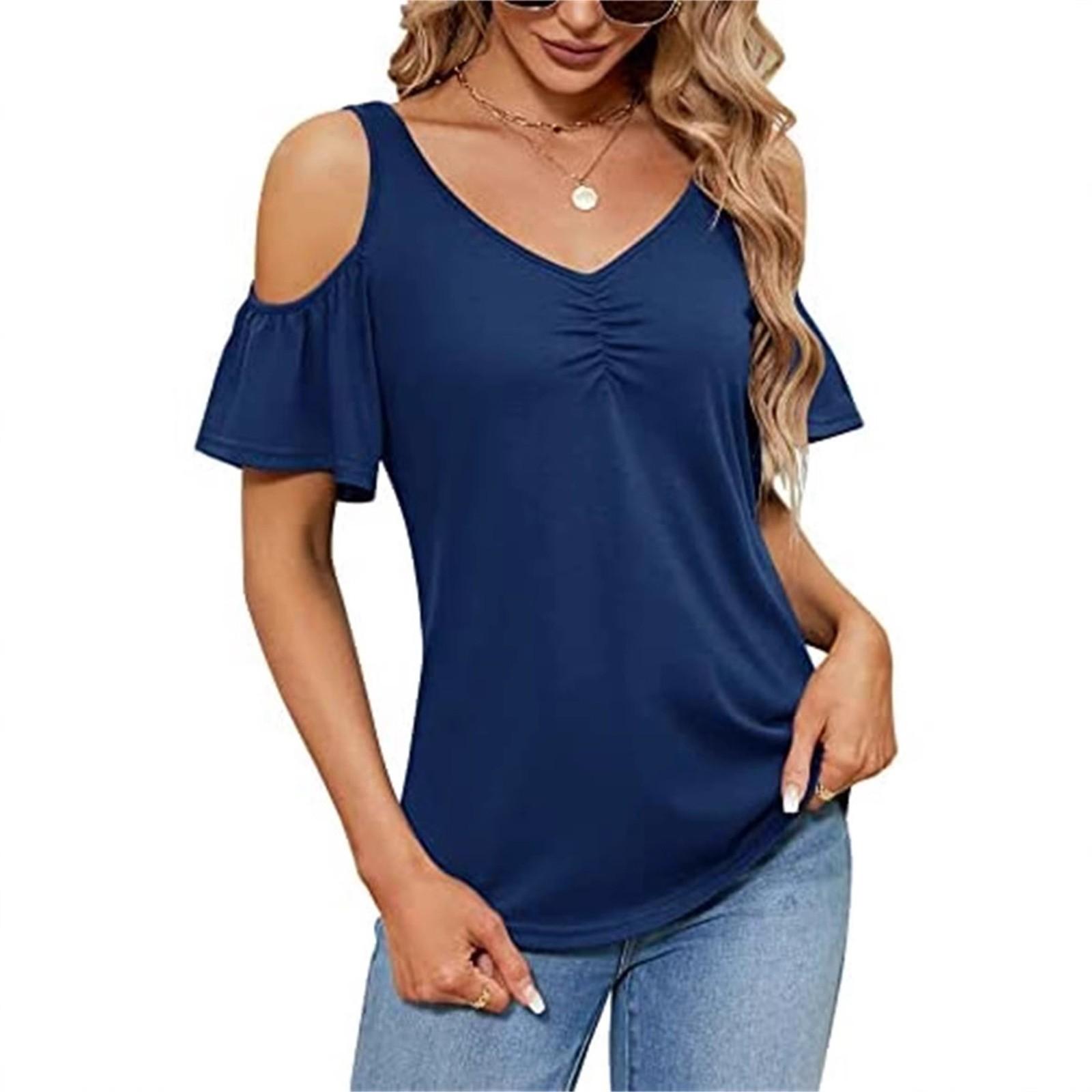 Women s Fashion Casual V-Neck Off-Shoulder T-Shirt Cropped Ruffle Sleeves Hollow Waist Shirt S