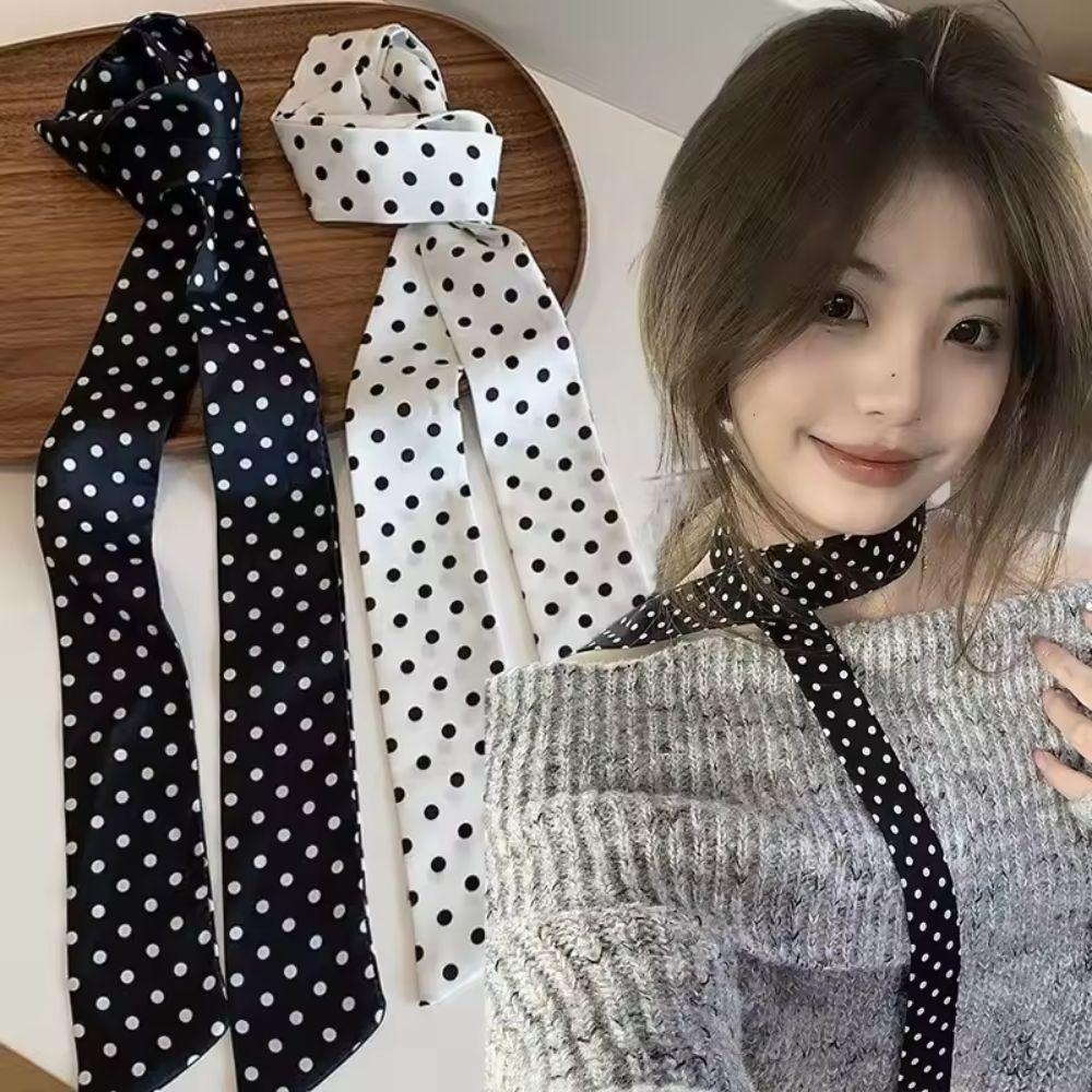 French Style High-End Black Polka Dot Scarf Women's Simple Black White Dot Long Scarf Fashion Ribbon Headband Choker Waist Belt