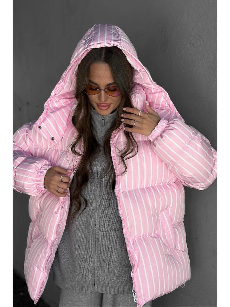2025 Winter Women's Korean Striped Hooded Cotton-Padded Jacket with Stand-Up Collar.